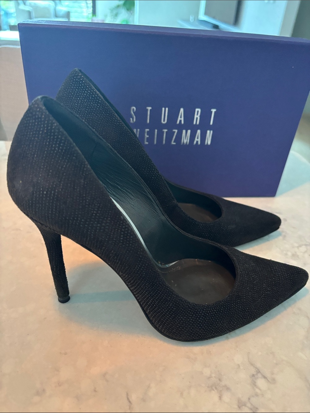 Stuart Weitzman Black Pointed Toe Goosebump leather Stiletto Pumps